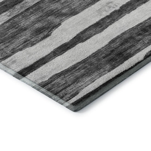 8' Charcoal And Ivory Striped Washable Round Rug With UV Protection