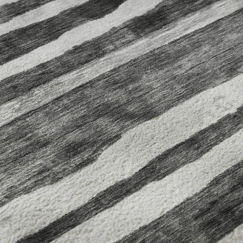 8' Charcoal And Ivory Striped Washable Round Rug With UV Protection