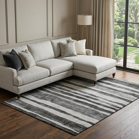 8' X 10' Charcoal And Ivory Striped Washable Area Rug With UV Protection