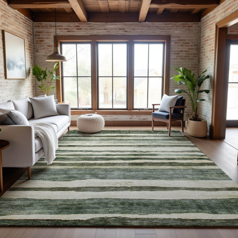 9' X 12' Sage Ivory And Beige Striped Washable Area Rug With UV Protection