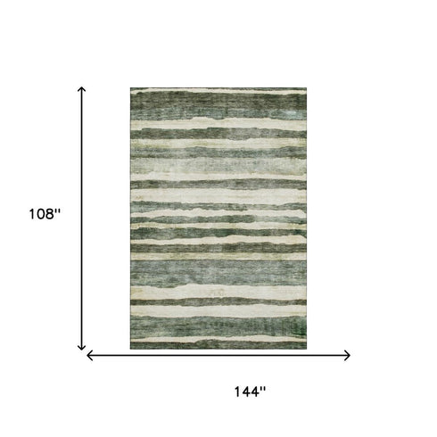 9' X 12' Sage Ivory And Beige Striped Washable Area Rug With UV Protection