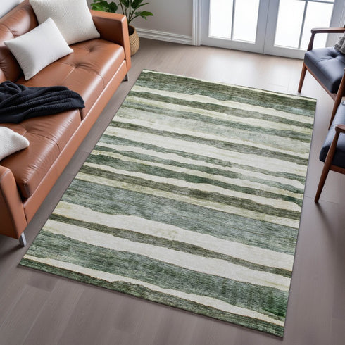 9' X 12' Sage Ivory And Beige Striped Washable Area Rug With UV Protection
