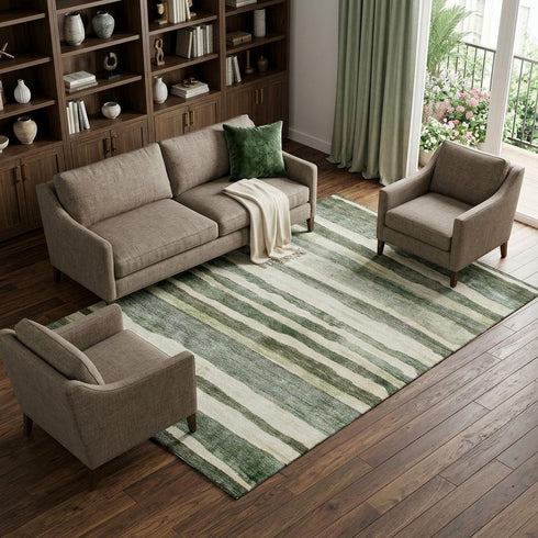 9' X 12' Sage Ivory And Beige Striped Washable Area Rug With UV Protection