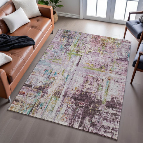 9' X 12' Lavender Green And Teal Abstract Washable Area Rug With UV Protection