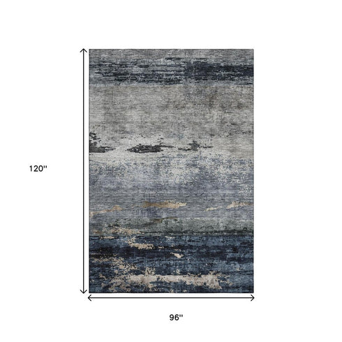 8' X 10' Navy Blue Gray And Silver Abstract Washable Area Rug With UV Protection