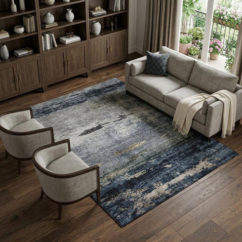 8' X 10' Navy Blue Gray And Silver Abstract Washable Area Rug With UV Protection