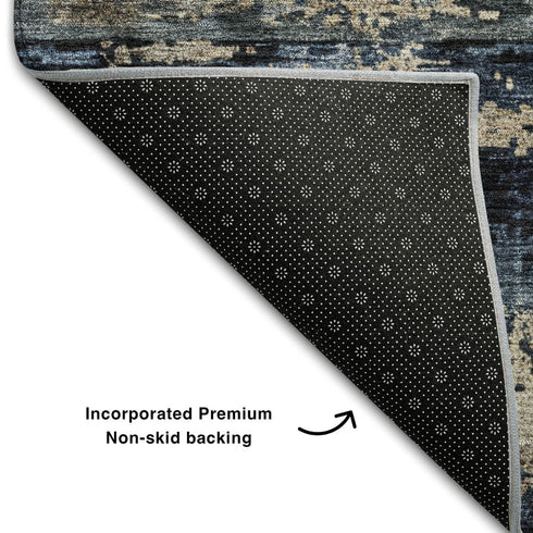 8' X 10' Navy Blue Gray And Silver Abstract Washable Area Rug With UV Protection