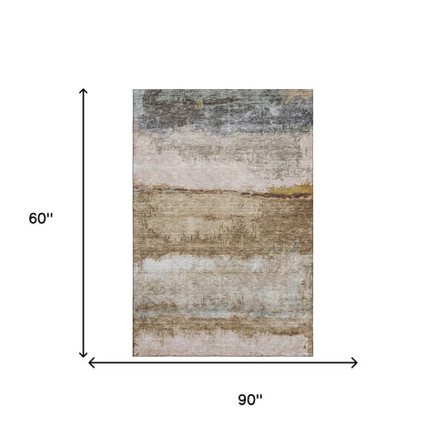 5' X 8' Beige Brown And Gray Abstract Washable Area Rug With UV Protection