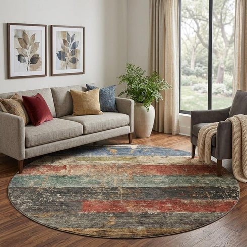 8' Fern Green Blue And Red Striped Washable Round Rug With UV Protection