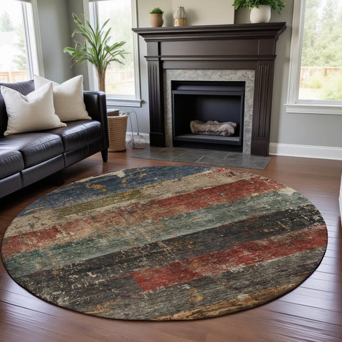 8' Fern Green Blue And Red Striped Washable Round Rug With UV Protection
