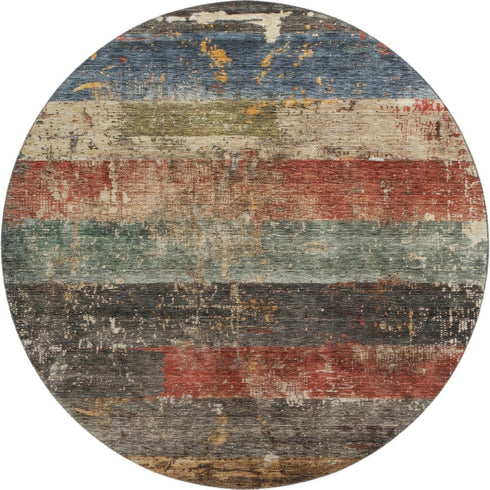 8' Fern Green Blue And Red Striped Washable Round Rug With UV Protection