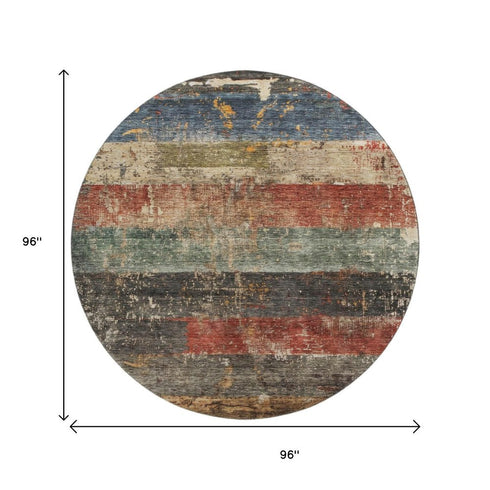 8' Fern Green Blue And Red Striped Washable Round Rug With UV Protection