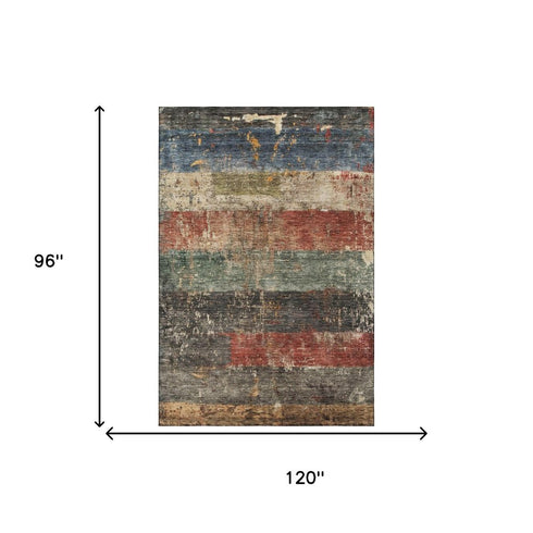 8' X 10' Fern Green Blue And Red Striped Washable Area Rug With UV Protection