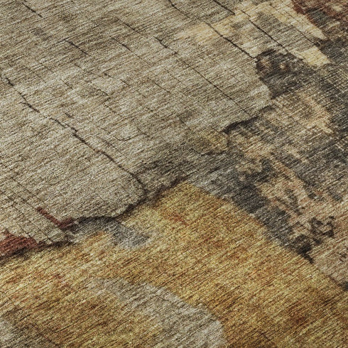 5' X 8' Khaki Gold And Blue Abstract Washable Area Rug With UV Protection