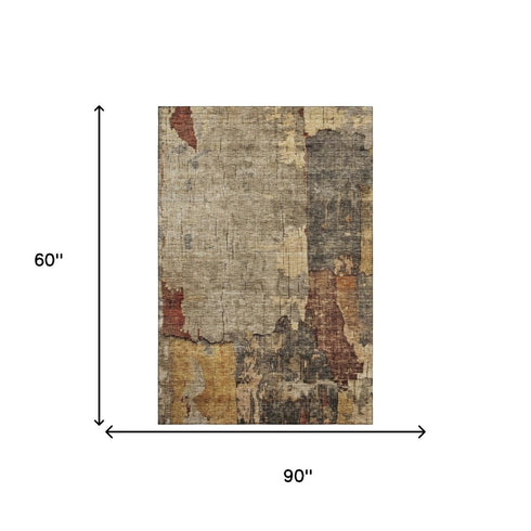 5' X 8' Khaki Gold And Blue Abstract Washable Area Rug With UV Protection