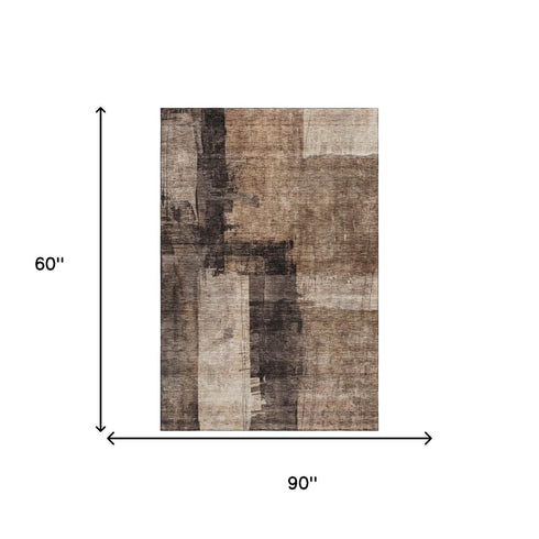 5' X 8' Brown Beige And Taupe Abstract Washable Area Rug With UV Protection