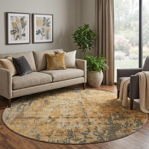 8' Copper And Gray Abstract Washable Round Rug With UV Protection