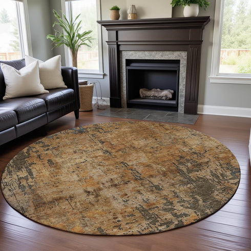 8' Copper And Gray Abstract Washable Round Rug With UV Protection