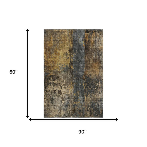 5' X 8' Gray Teal And Gold Striped Washable Area Rug With UV Protection