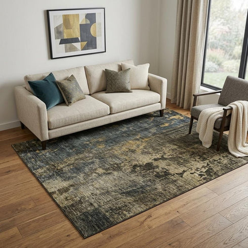 5' X 8' Gray Teal And Gold Striped Washable Area Rug With UV Protection