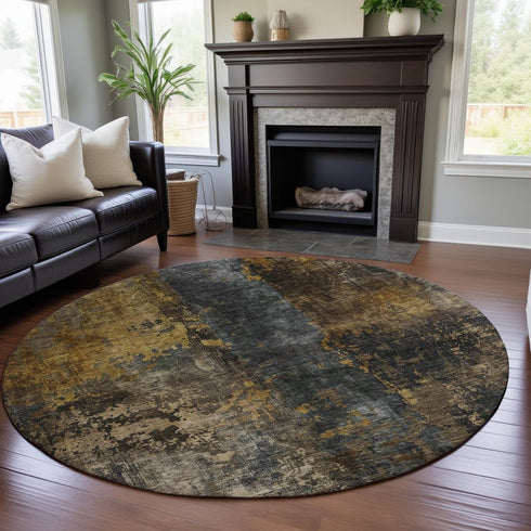 8' Gray Teal And Gold Striped Washable Round Rug With UV Protection