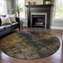 8' Gray Teal And Gold Striped Washable Round Rug With UV Protection