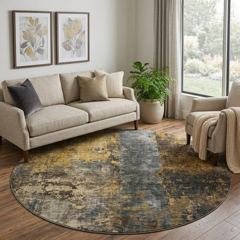 8' Gray Teal And Gold Striped Washable Round Rug With UV Protection