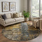 8' Gray Teal And Gold Striped Washable Round Rug With UV Protection