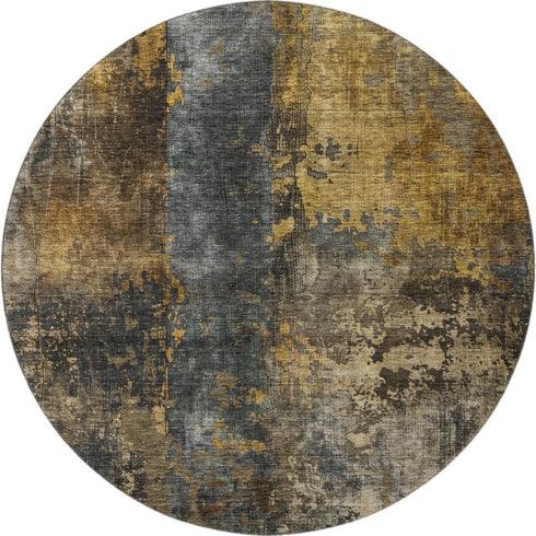 8' Gray Teal And Gold Striped Washable Round Rug With UV Protection
