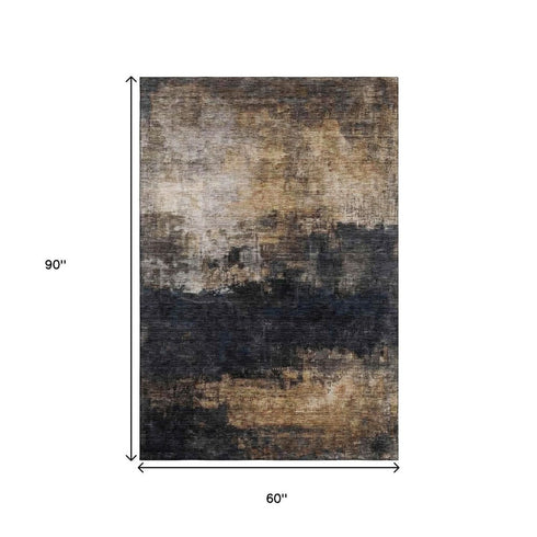 5' X 8' Charcoal Gold And Beige Abstract Washable Area Rug With UV Protection