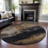 8' Charcoal Gold And Beige Abstract Washable Round Rug With UV Protection