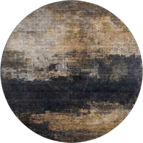 8' Charcoal Gold And Beige Abstract Washable Round Rug With UV Protection