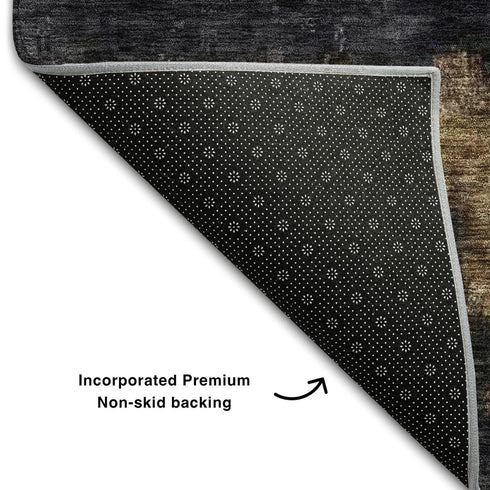 8' Charcoal Gold And Beige Abstract Washable Round Rug With UV Protection