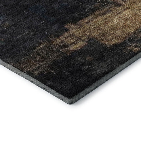 8' Charcoal Gold And Beige Abstract Washable Round Rug With UV Protection