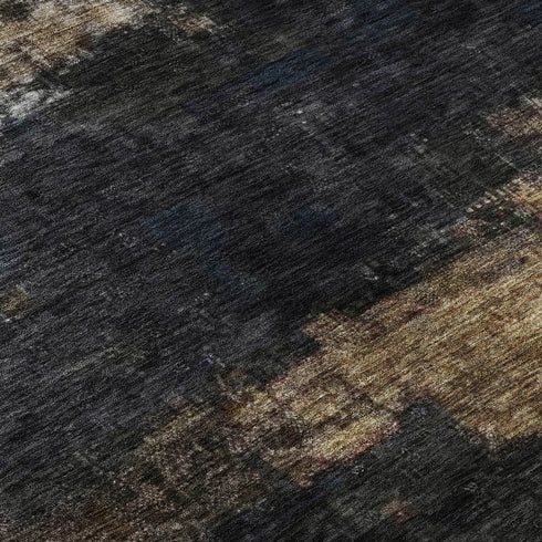 8' Charcoal Gold And Beige Abstract Washable Round Rug With UV Protection