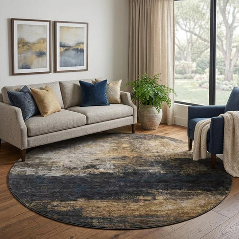 8' Charcoal Gold And Beige Abstract Washable Round Rug With UV Protection