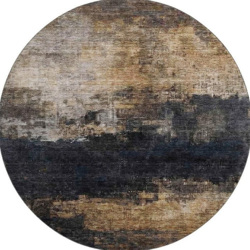 8' Charcoal Gold And Beige Abstract Washable Round Rug With UV Protection