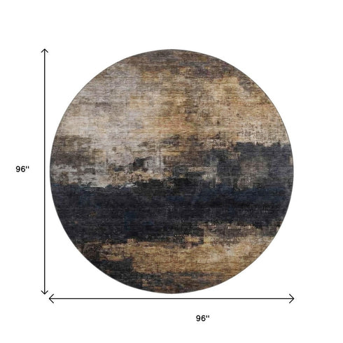 8' Charcoal Gold And Beige Abstract Washable Round Rug With UV Protection