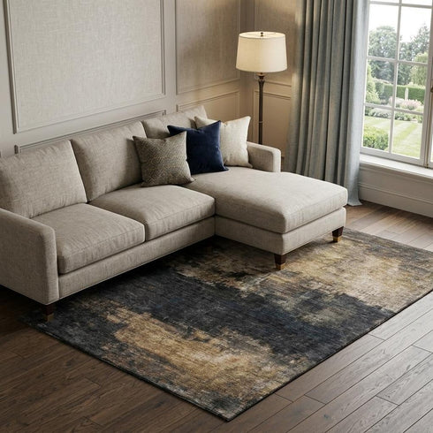 8' X 10' Charcoal Gold And Beige Abstract Washable Area Rug With UV Protection