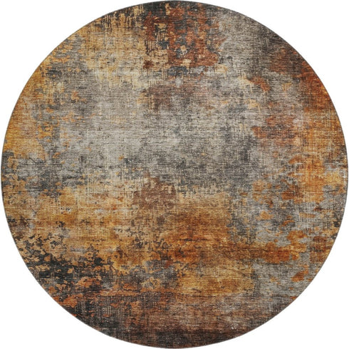 8' Rust Silver And Gray Abstract Washable Round Rug With UV Protection
