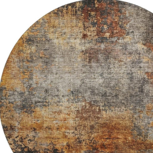8' Rust Silver And Gray Abstract Washable Round Rug With UV Protection