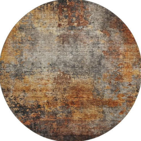 8' Rust Silver And Gray Abstract Washable Round Rug With UV Protection