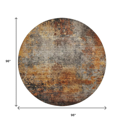 8' Rust Silver And Gray Abstract Washable Round Rug With UV Protection