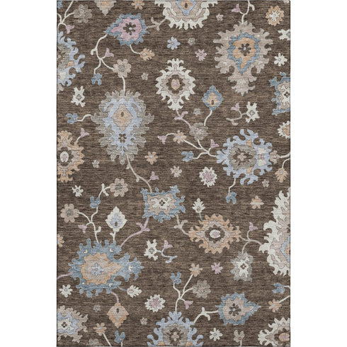 5' X 8' Chocolate Blue And Beige Floral Washable Area Rug With UV Protection