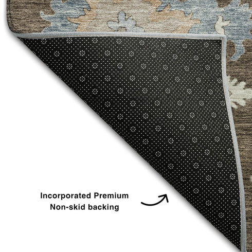 5' X 8' Chocolate Blue And Beige Floral Washable Area Rug With UV Protection