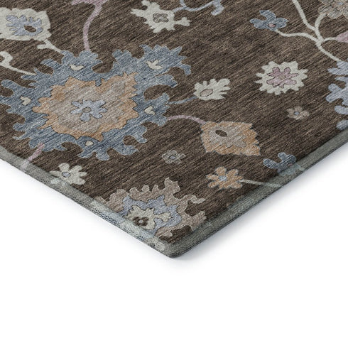5' X 8' Chocolate Blue And Beige Floral Washable Area Rug With UV Protection