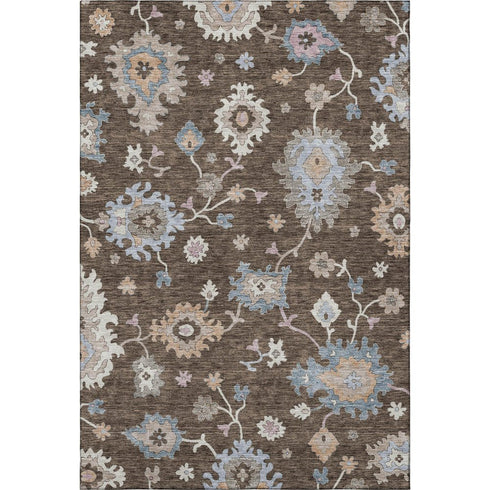 5' X 8' Chocolate Blue And Beige Floral Washable Area Rug With UV Protection
