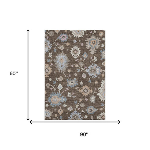 5' X 8' Chocolate Blue And Beige Floral Washable Area Rug With UV Protection