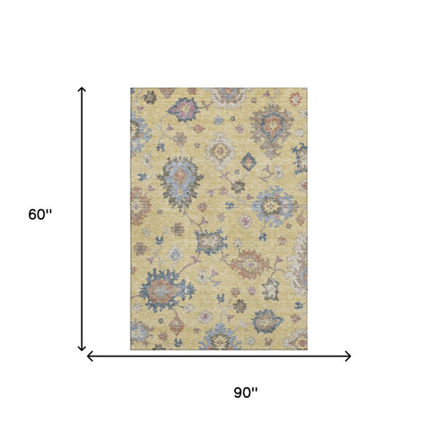 5' X 8' Gold Blue And Ivory Floral Washable Area Rug With UV Protection