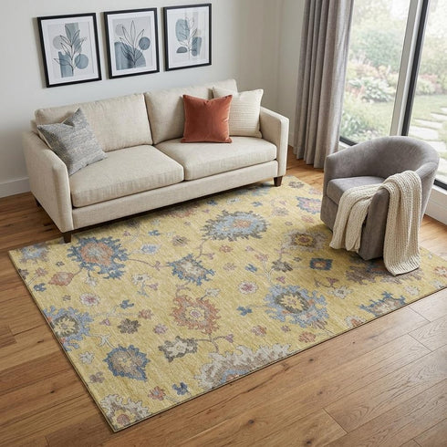 5' X 8' Gold Blue And Ivory Floral Washable Area Rug With UV Protection